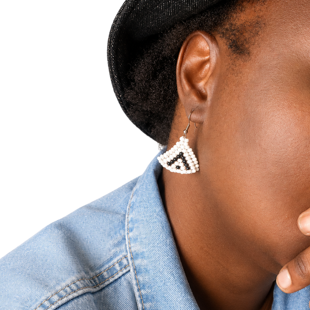 Black & White Beaded Triangle Earrings - Image 2